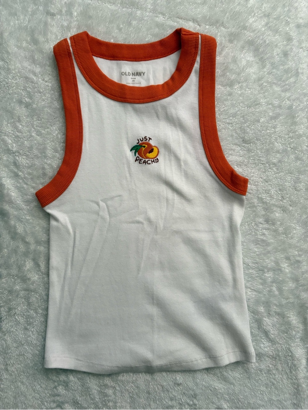 Old Navy White Tank Top with Orange Trim and Just Peachy Graphic
